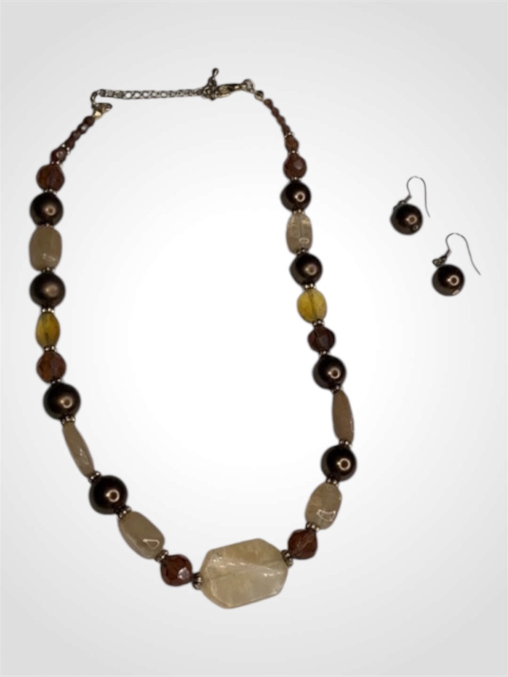 Brown Tan & Gold Cut Glass & Acrylic Beads Necklace 16”-18”